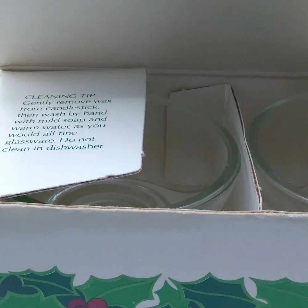 Vintage Holly Candlestick Holders Glass Leaves Berries Holiday Christmas 1981